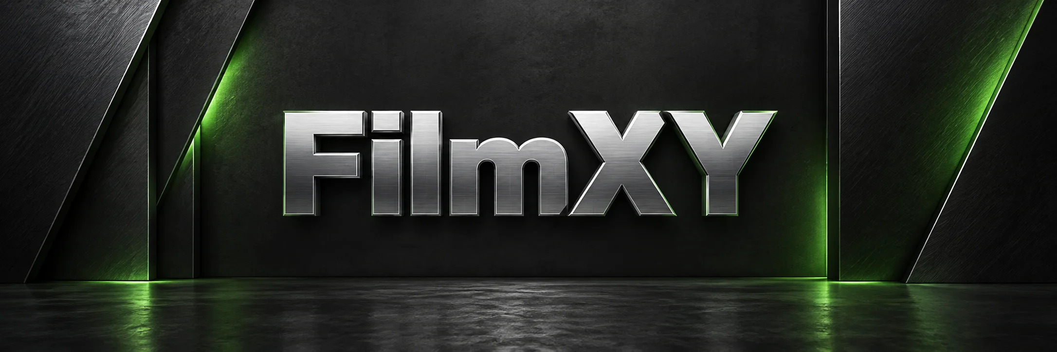 FilmXY metallic silver wordmark on charcoal with green edge lighting